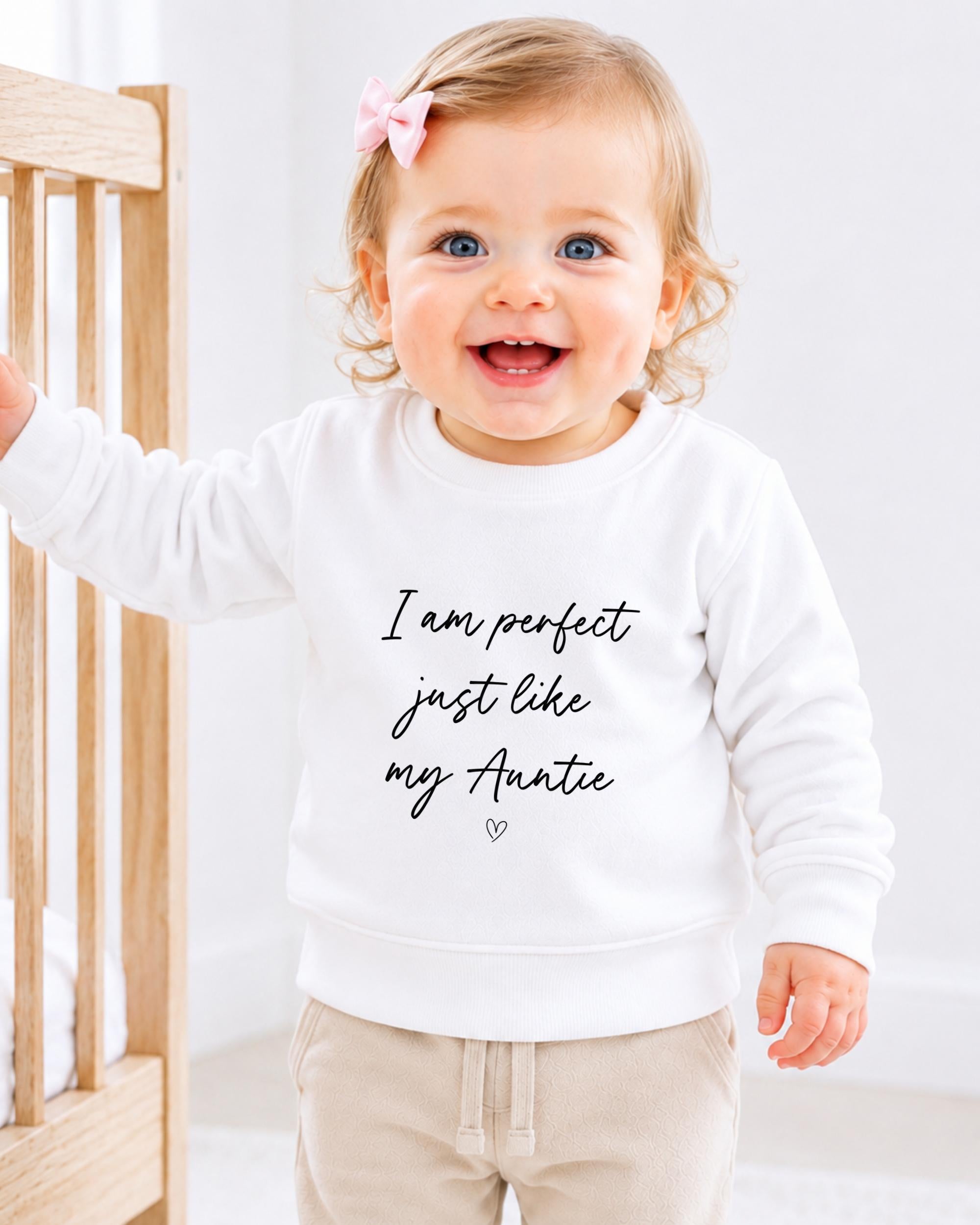 A smiling baby girl wearing a white sweatshirt with text on it.