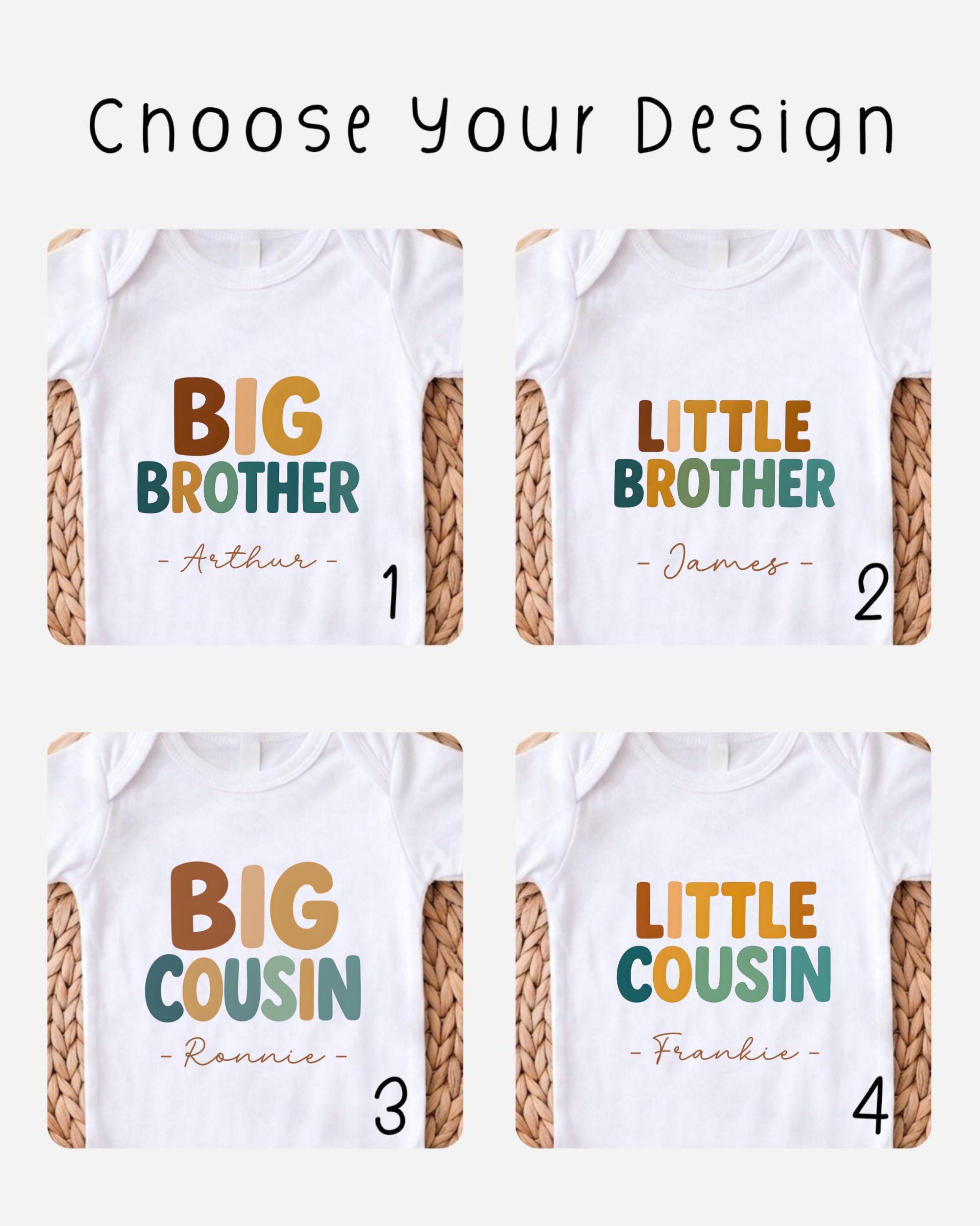 four different baby onesies with the names "Big Brother", "Little Brother", "Big Cousin", and "Little Cousin" printed on them.