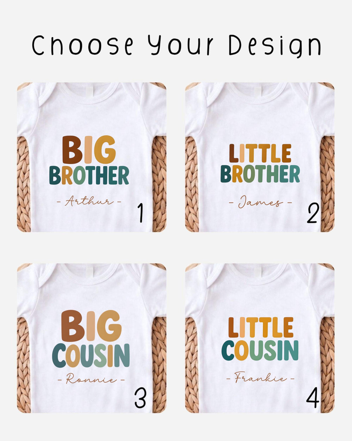 four different baby onesies with the names "Big Brother", "Little Brother", "Big Cousin", and "Little Cousin" printed on them.