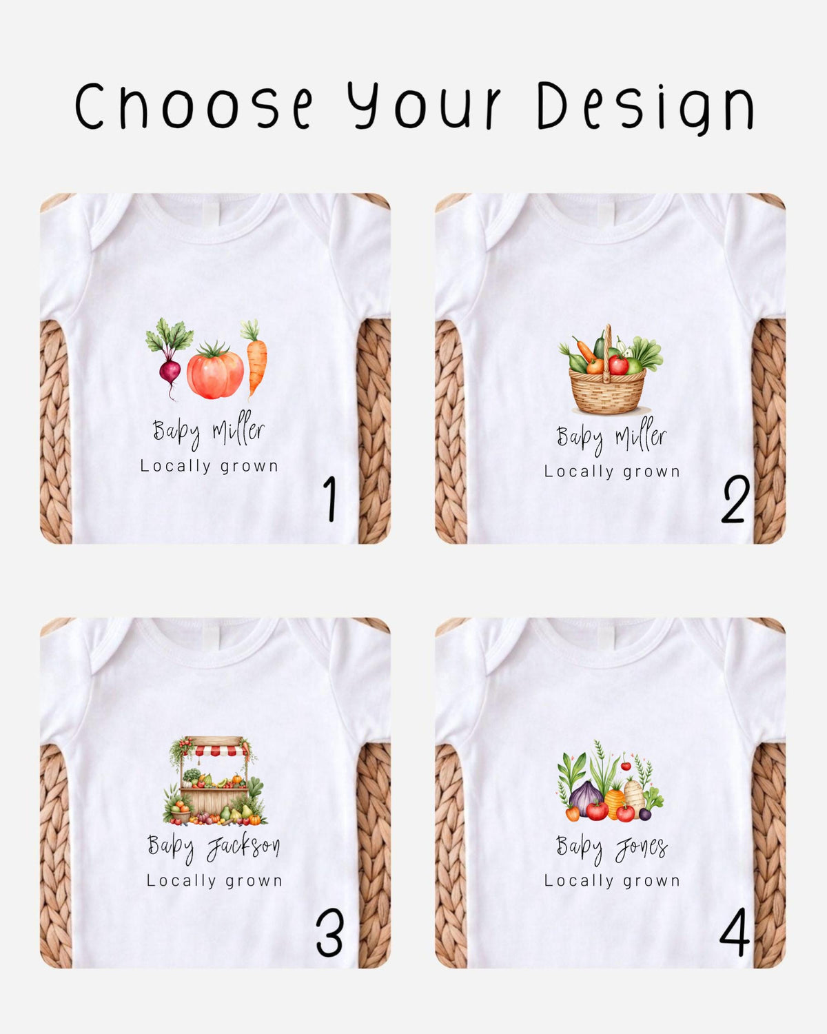 four different baby shirts, each with a unique design featuring vegetables and a basket of produce. The shirts are labeled with the names "Baby Miller" and "Baby Jones" and are described as locally grown.