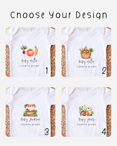 four different baby shirts, each with a unique design featuring vegetables and a basket of produce. The shirts are labeled with the names "Baby Miller" and "Baby Jones" and are described as locally grown.