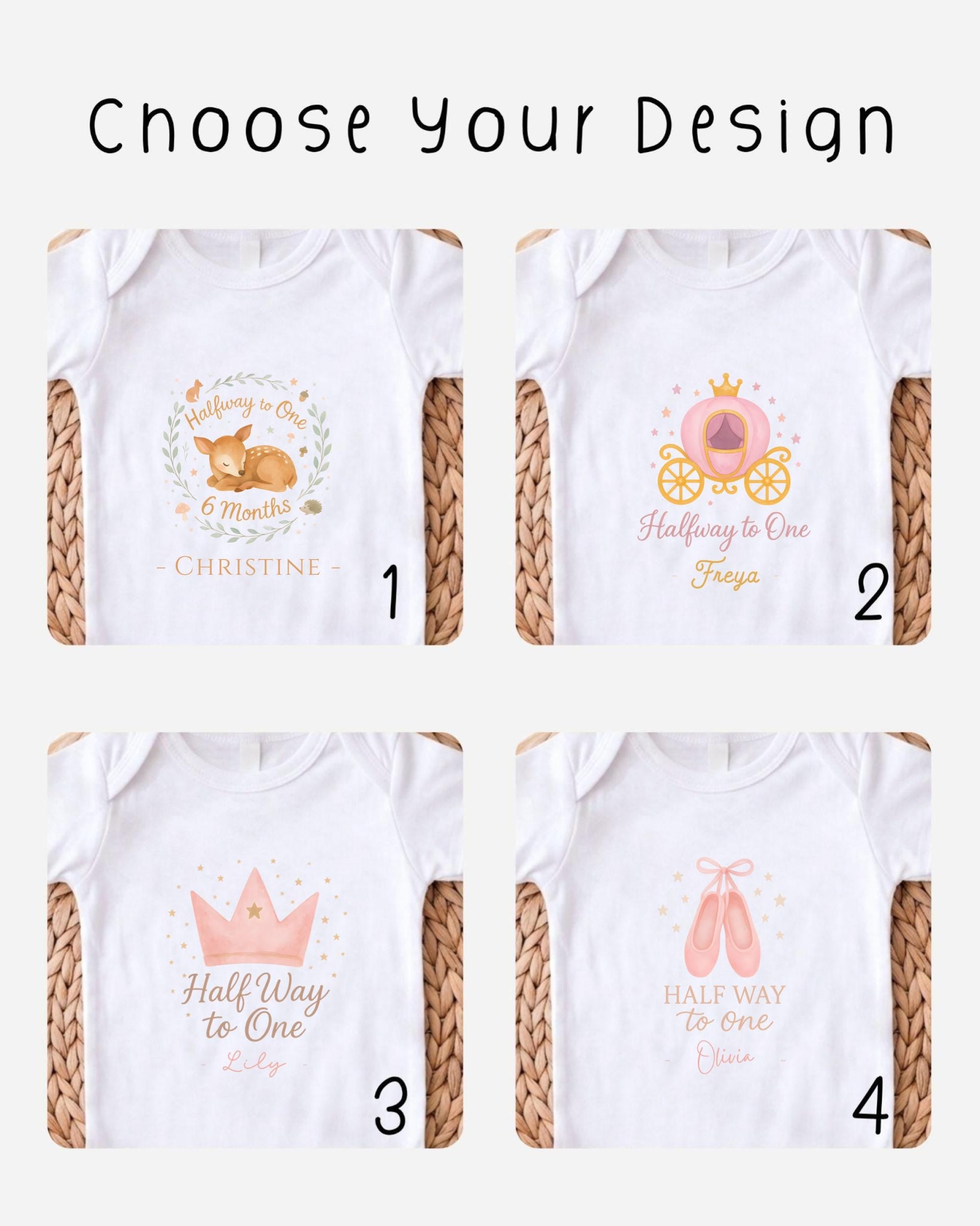 four different baby onesies with various designs and text, including a crown, a carriage, a half-way sign, and a princess.