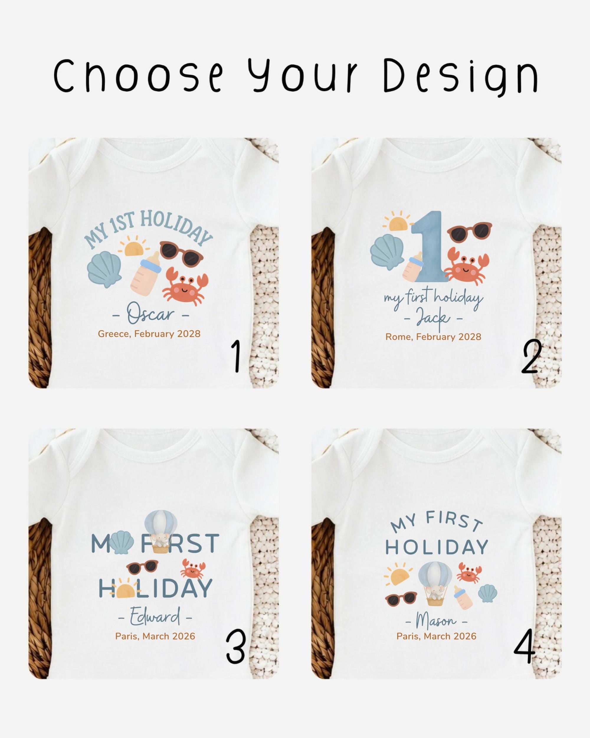 four different t-shirt designs featuring a beach theme, with each design featuring a unique name and date.