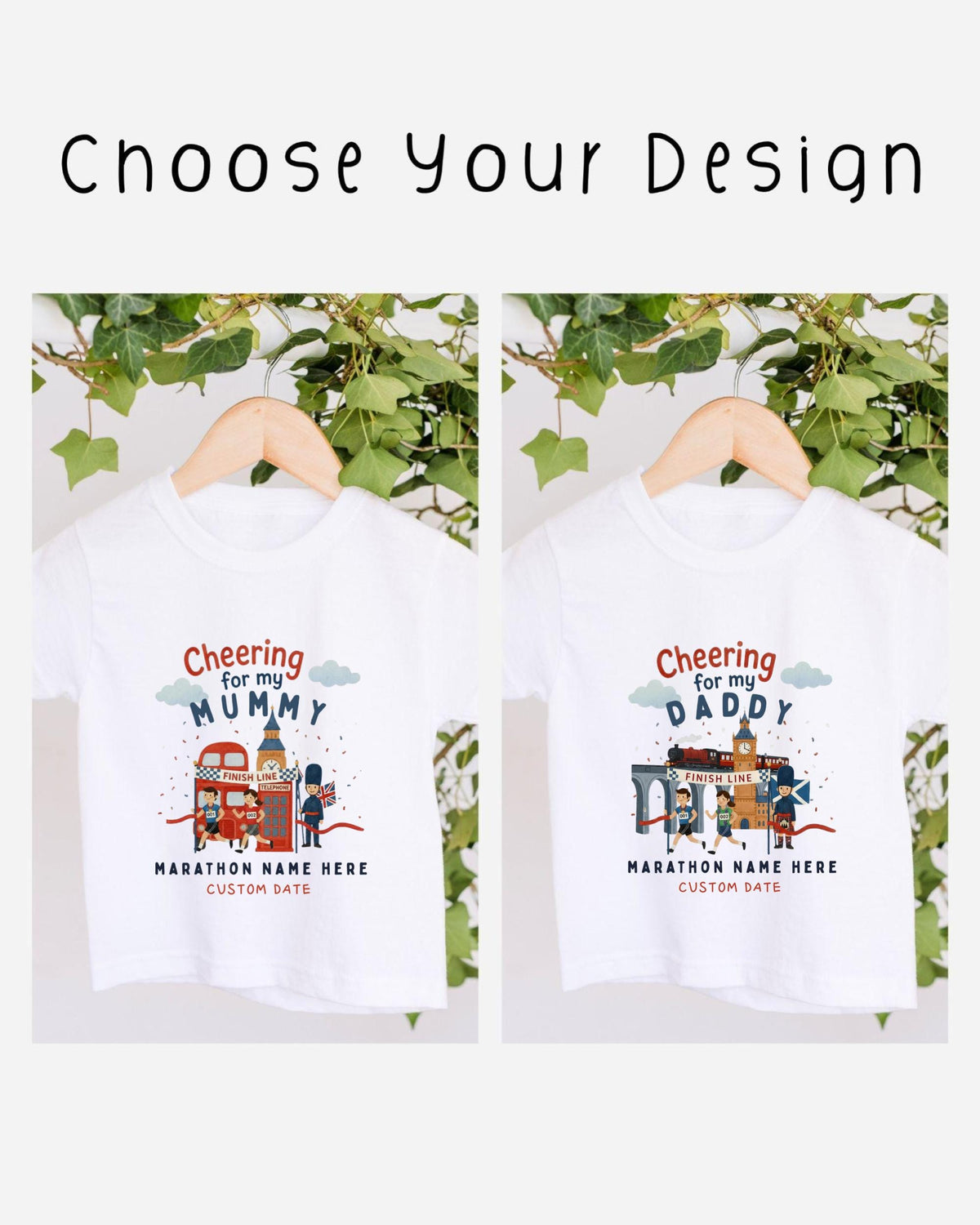 two white t-shirts with a design featuring a cartoon image of a person and text that says "Cheering for my Mummy" and "Cheering for my Daddy". The t-shirts are hanging on a wooden hanger, and there are green leaves in the background.