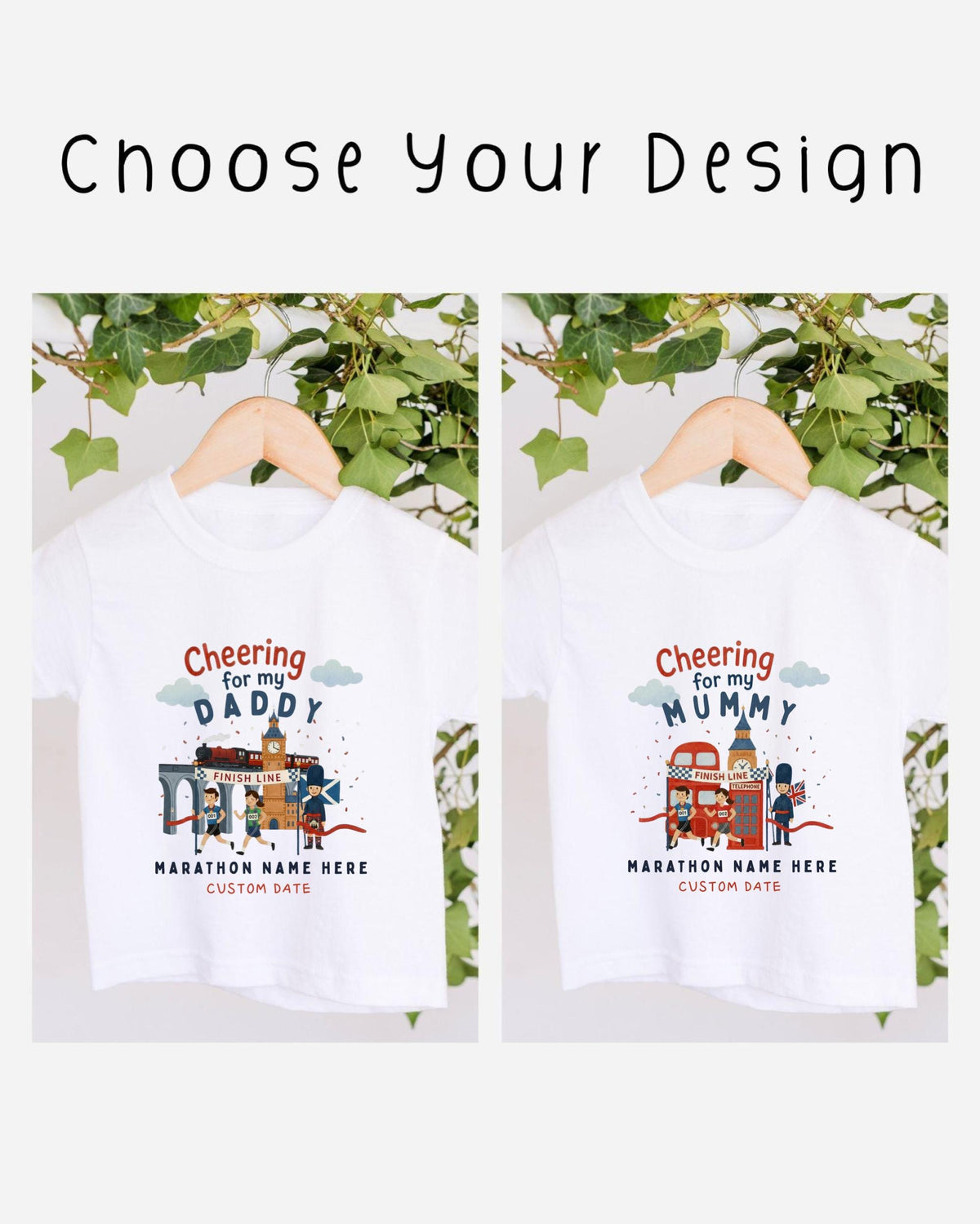 two white t-shirts with a design featuring a cartoon illustration of a father and his baby, along with the text "Cheering for my Daddy" and "Cheering for my Mummy" printed on them. The t-shirts are hanging on a wooden hanger, and there are green plants in the background.