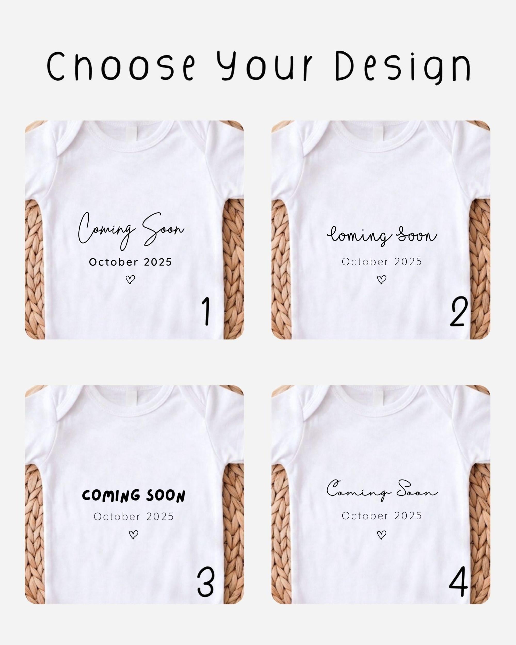 four white t-shirts with text indicating the upcoming birth month and year for each shirt.
