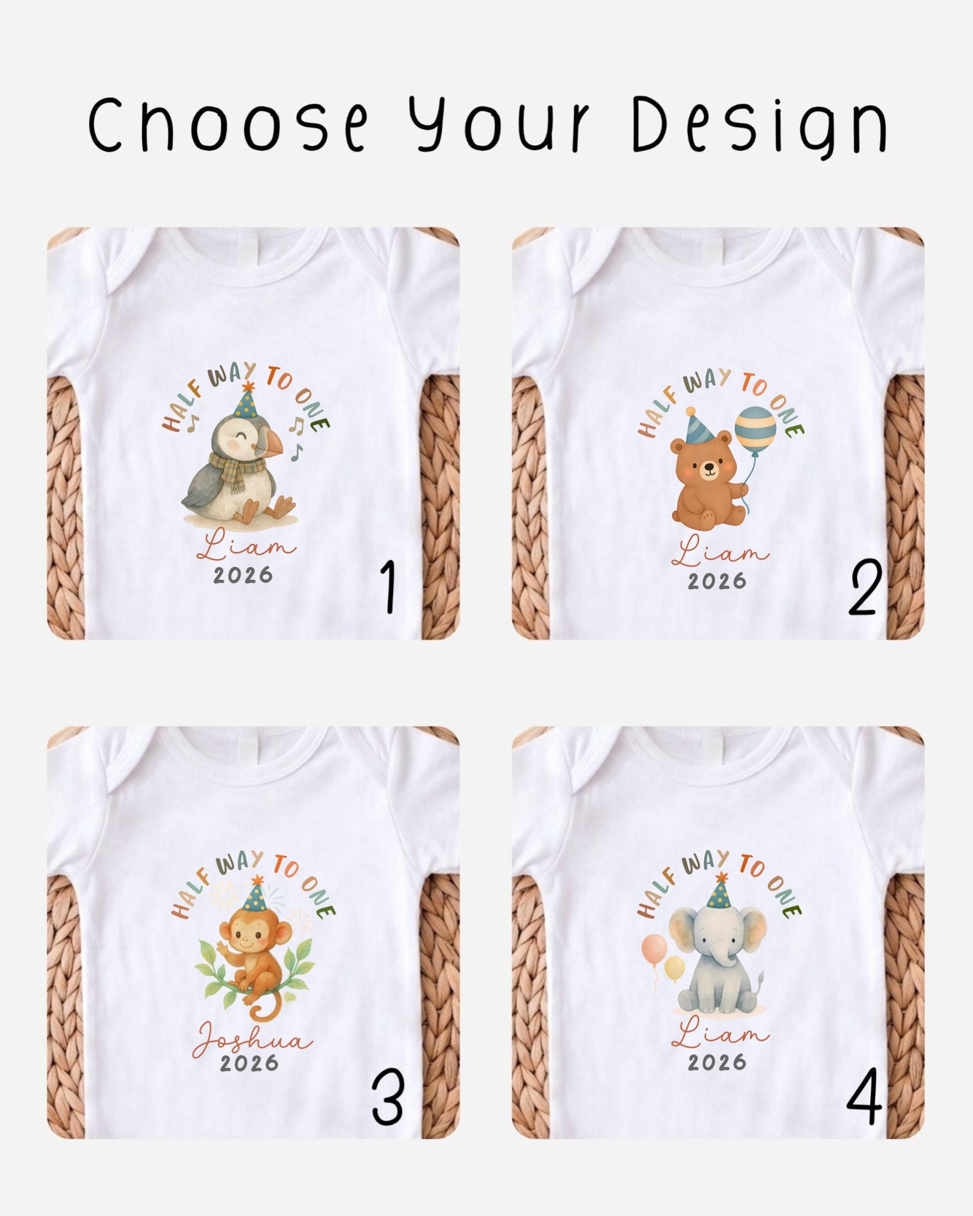 four different t-shirt designs featuring cartoon animals, with the text "Half way to one" and the names "Liam" and "Liamina" printed on them.