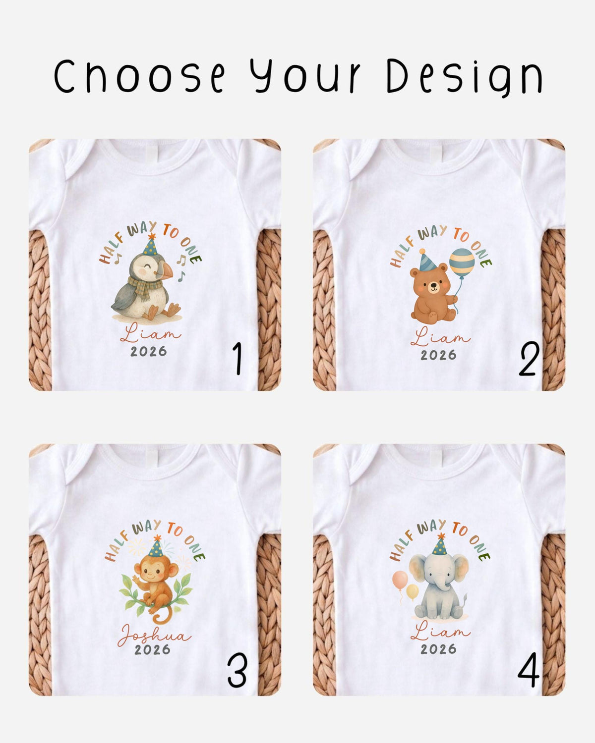 four different t-shirt designs featuring cartoon animals, with the text "Half way to one" and the names "Liam" and "Liamina" printed on them.