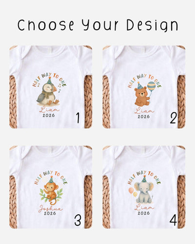 four different t-shirt designs featuring cartoon animals, with the text "Half way to one" and the names "Liam" and "Liamina" printed on them.
