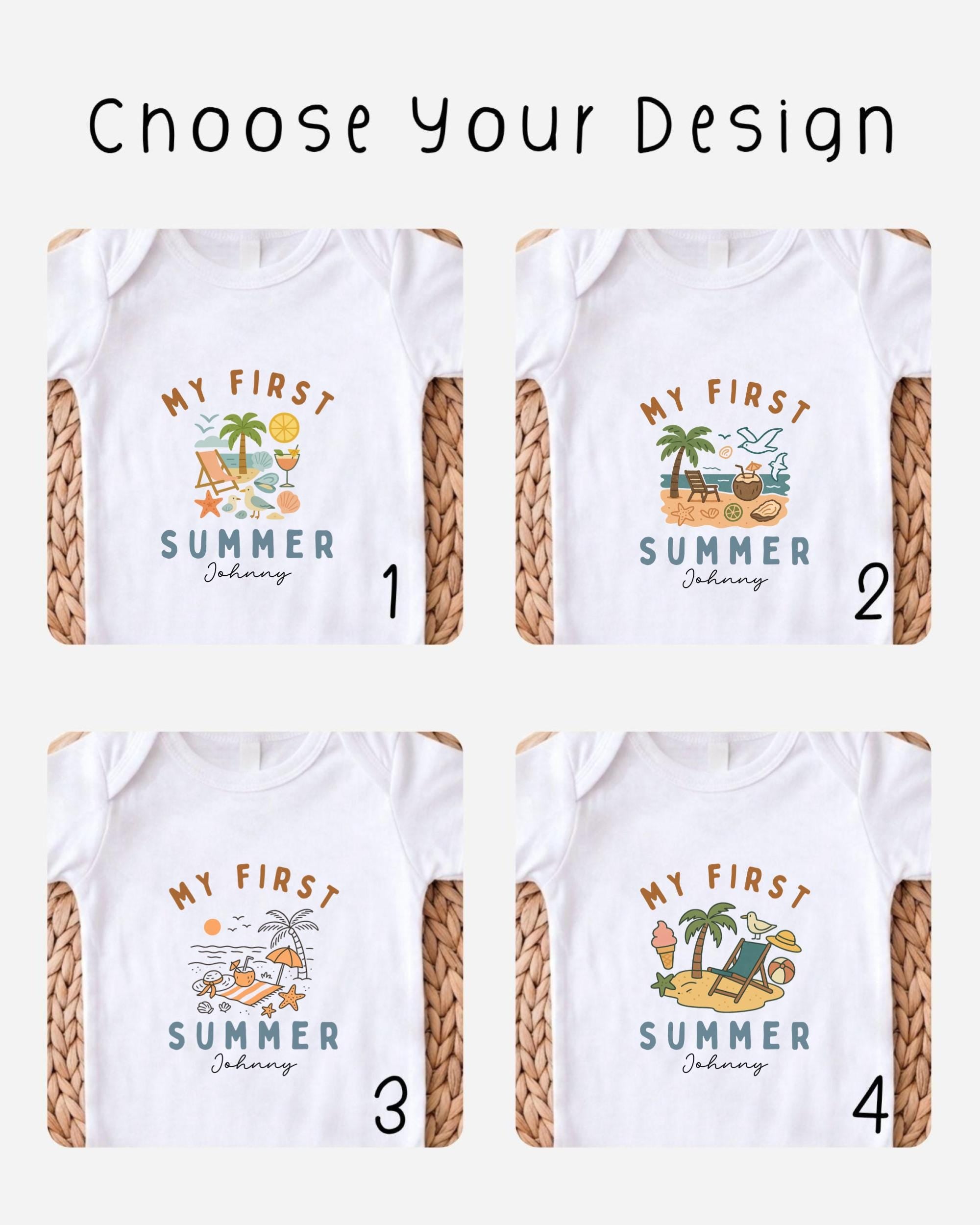 four different designs of white t-shirts, each featuring a unique summer-themed graphic and text.
