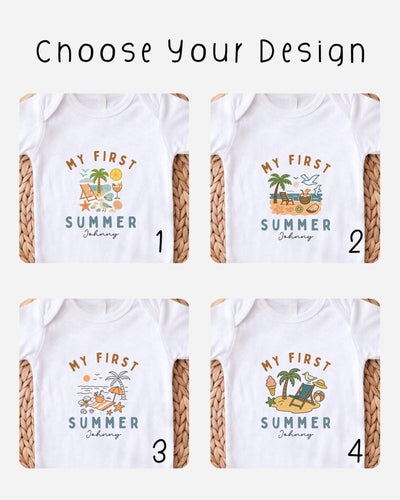 four different designs of white t-shirts, each featuring a unique summer-themed graphic and text.