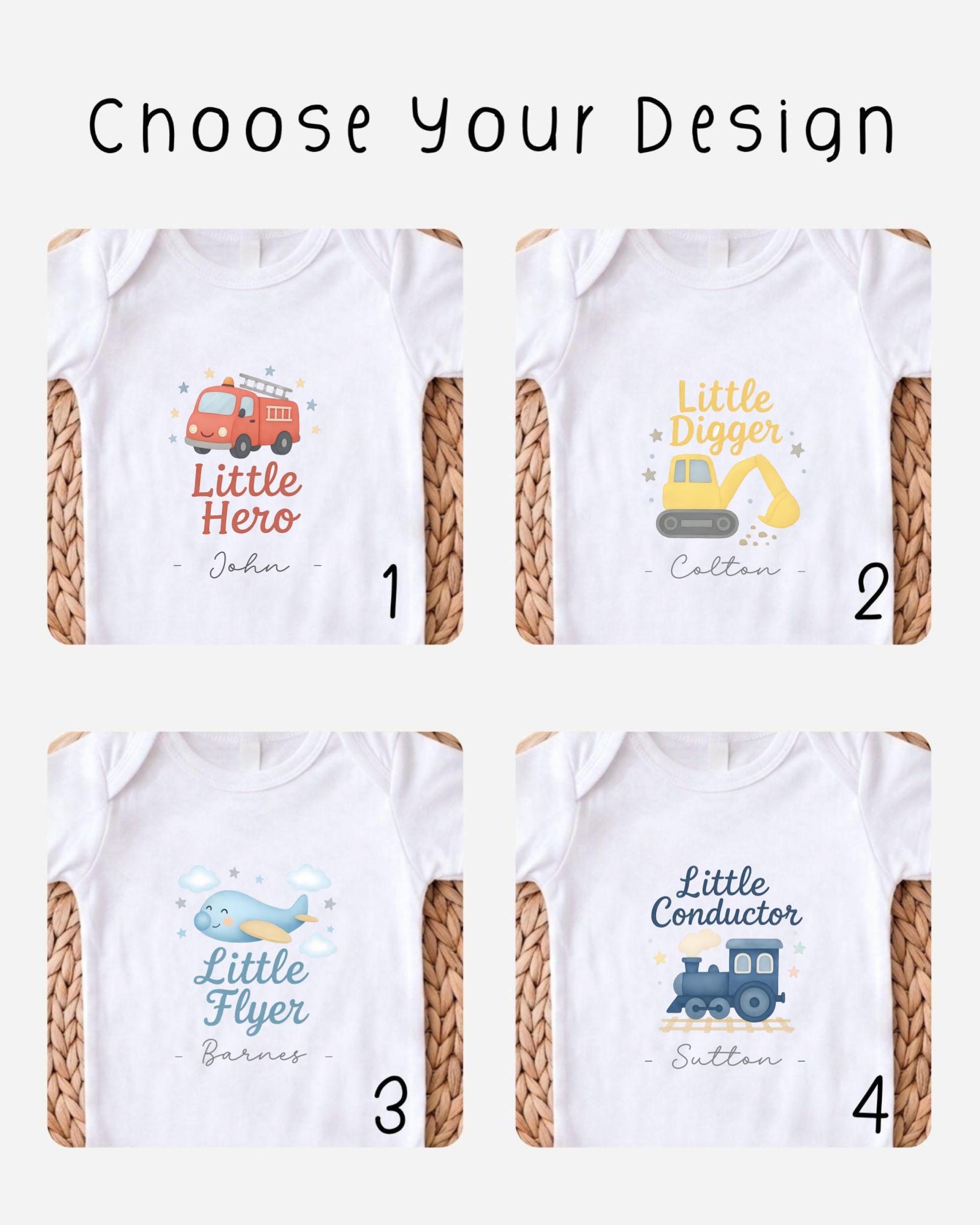 four different baby onesies with various designs, including a fire truck, a digger, a little airplane, and a conductor.