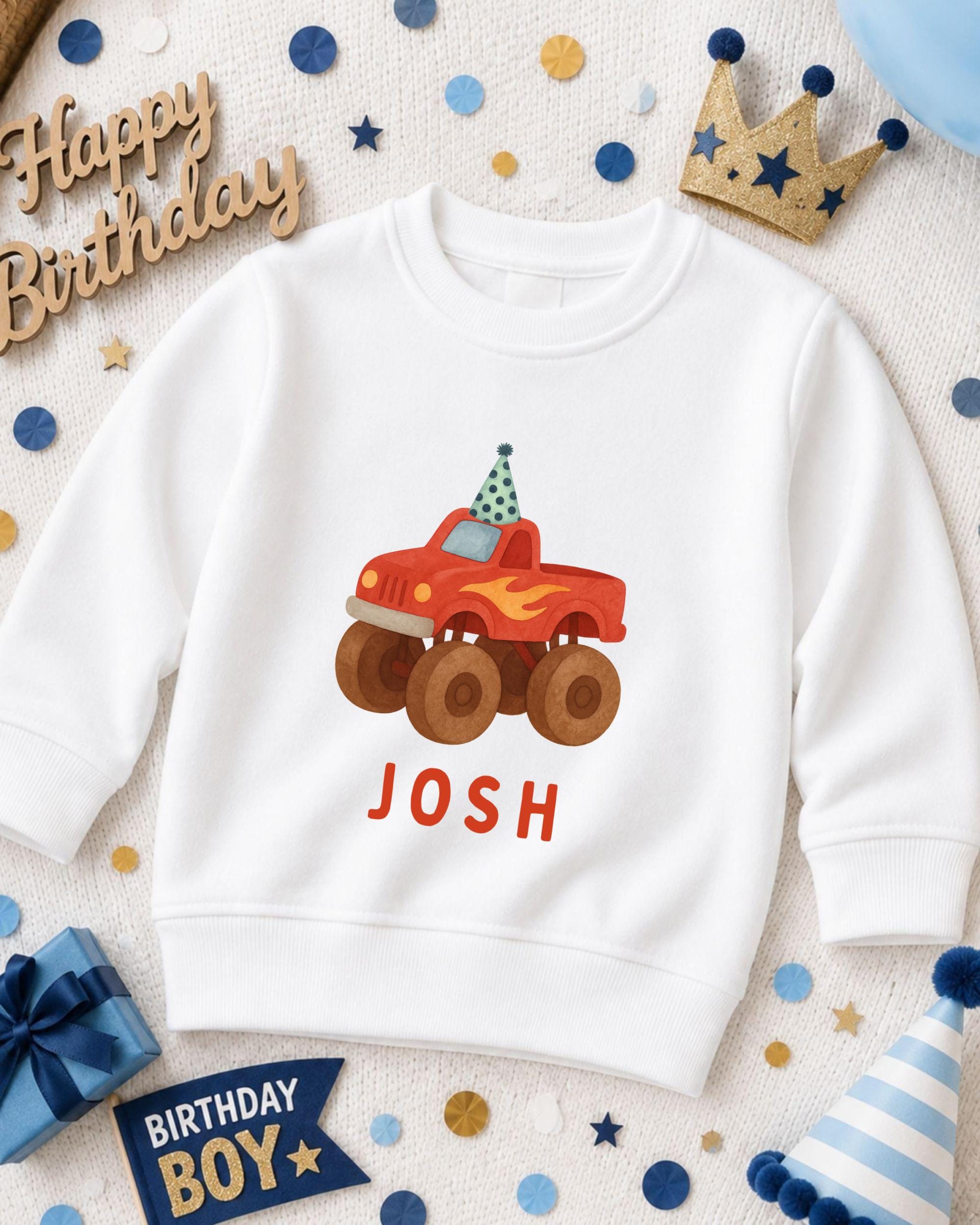 A white sweatshirt with a red truck and a birthday hat on it, surrounded by party decorations and a birthday banner.