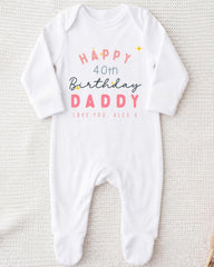 A white onesie with text and graphics printed on it, celebrating a 40th birthday for a father.