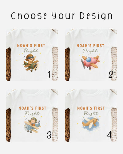 four different t-shirt designs featuring a cartoon airplane and the text "Noah's First Flight" printed on them.