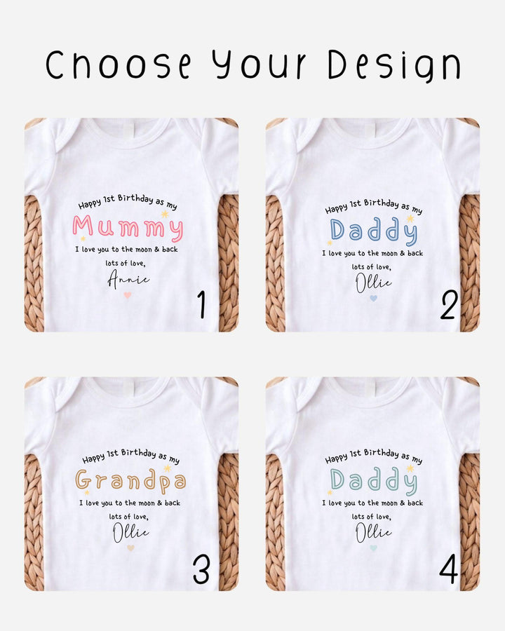 four different t-shirt designs with personalized messages for a first birthday celebration.