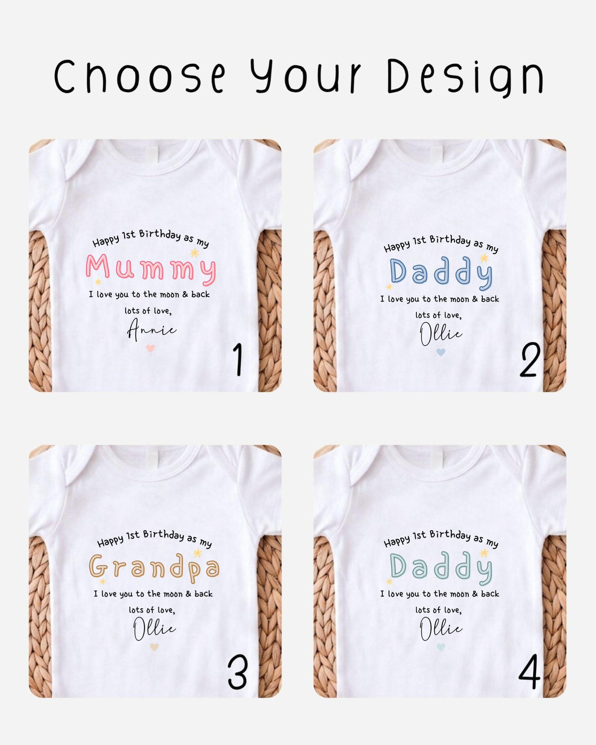 four different t-shirt designs with personalized messages for a first birthday celebration.