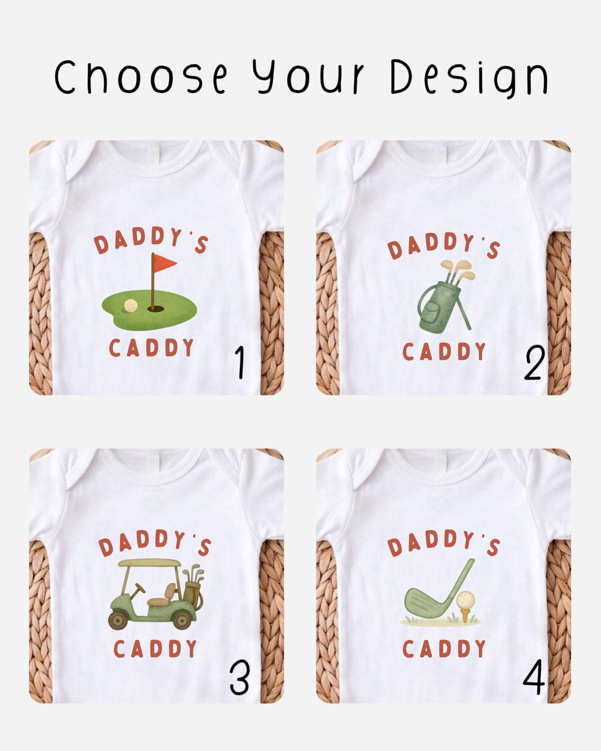 four different t-shirt designs featuring golf-related graphics and text, with the text "DADDY'S CADDY" printed on them.