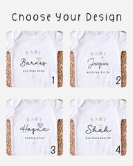 four baby shirts with personalized names and dates printed on them.