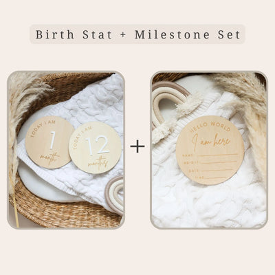 a set of three wooden tags and a basket