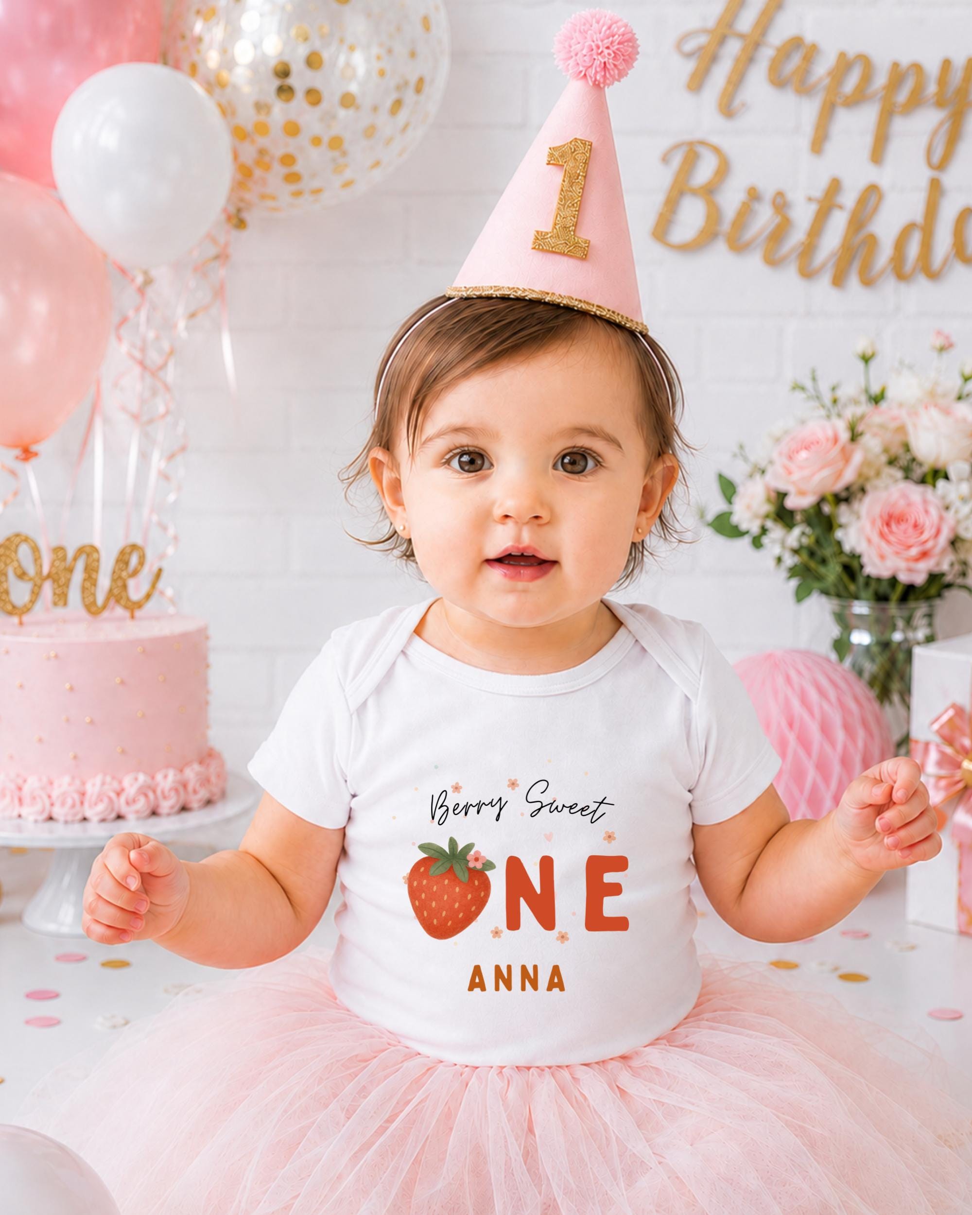 A young girl wearing a white t-shirt with a strawberry design and a pink party hat sits in front of a birthday cake and balloons.