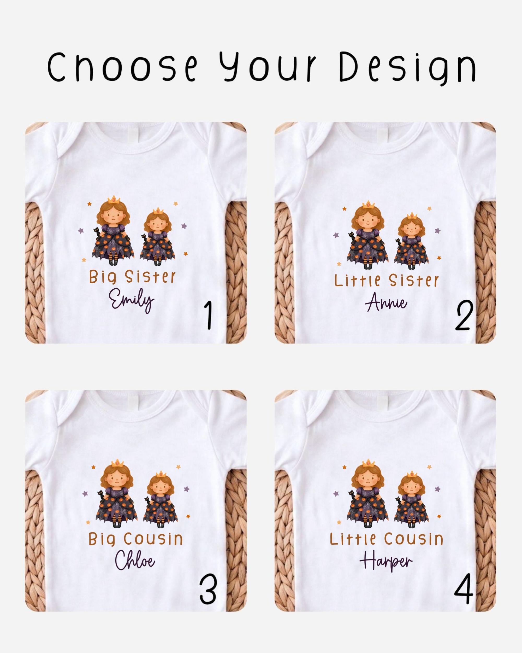 four different designs of white t-shirts featuring cartoon images of two children, one labeled "Big Sister" and the other "Little Sister". The designs are labeled with the names "Emilly" and "Annie" for each child.