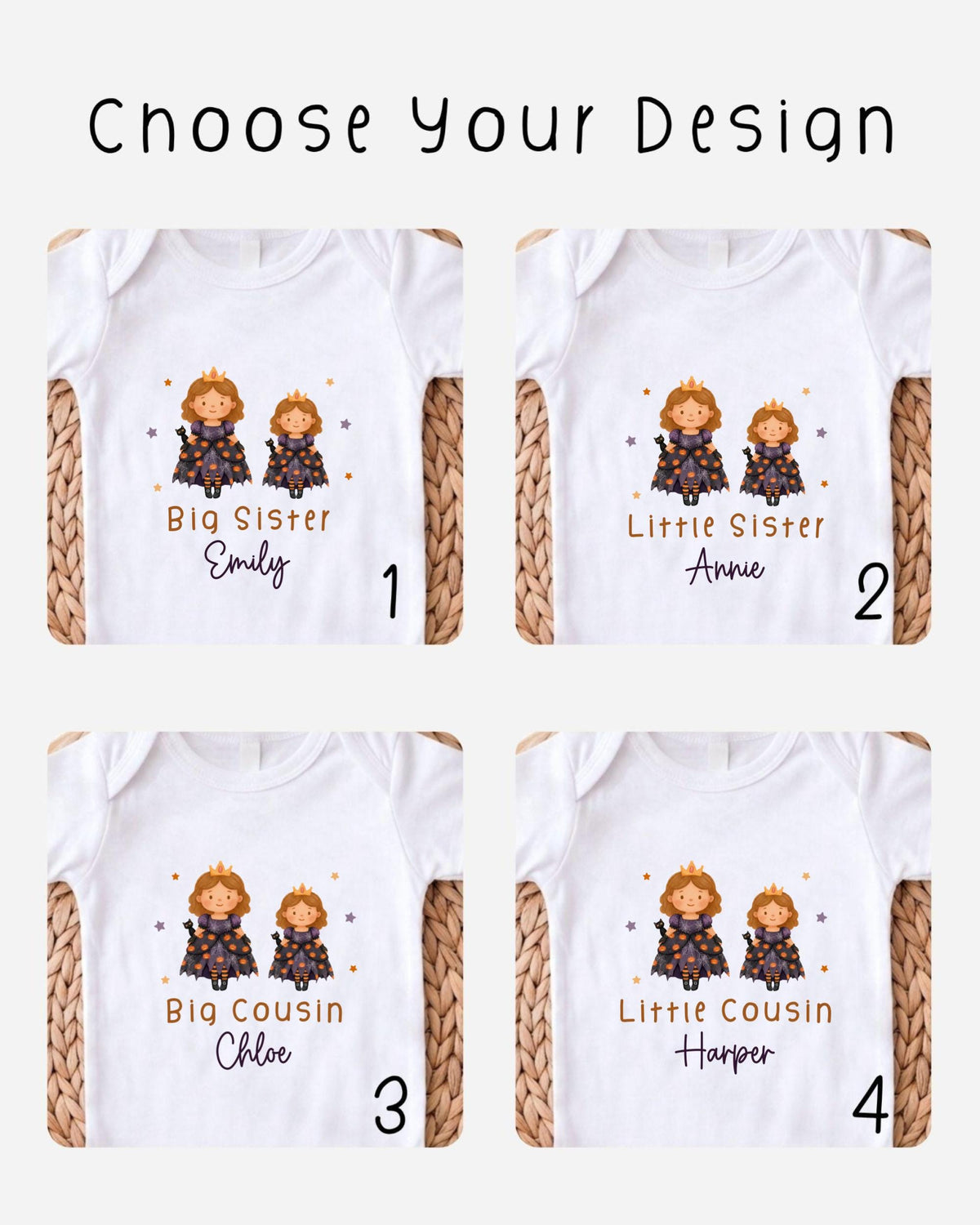 four different designs of white t-shirts featuring cartoon images of two children, one labeled "Big Sister" and the other "Little Sister". The designs are labeled with the names "Emilly" and "Annie" for each child.