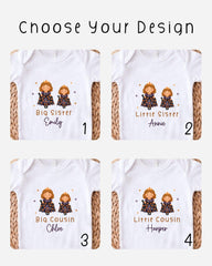 four different designs of white t-shirts featuring cartoon images of two children, one labeled "Big Sister" and the other "Little Sister". The designs are labeled with the names "Emilly" and "Annie" for each child.