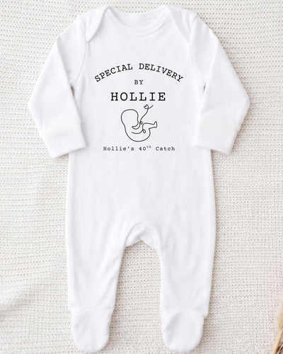 A white bodysuit with text and a graphic on it.