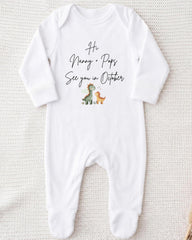 A white onesie with a printed message that reads "Hi Nanny + Pops See you in October" along with two cartoon dinosaur illustrations.