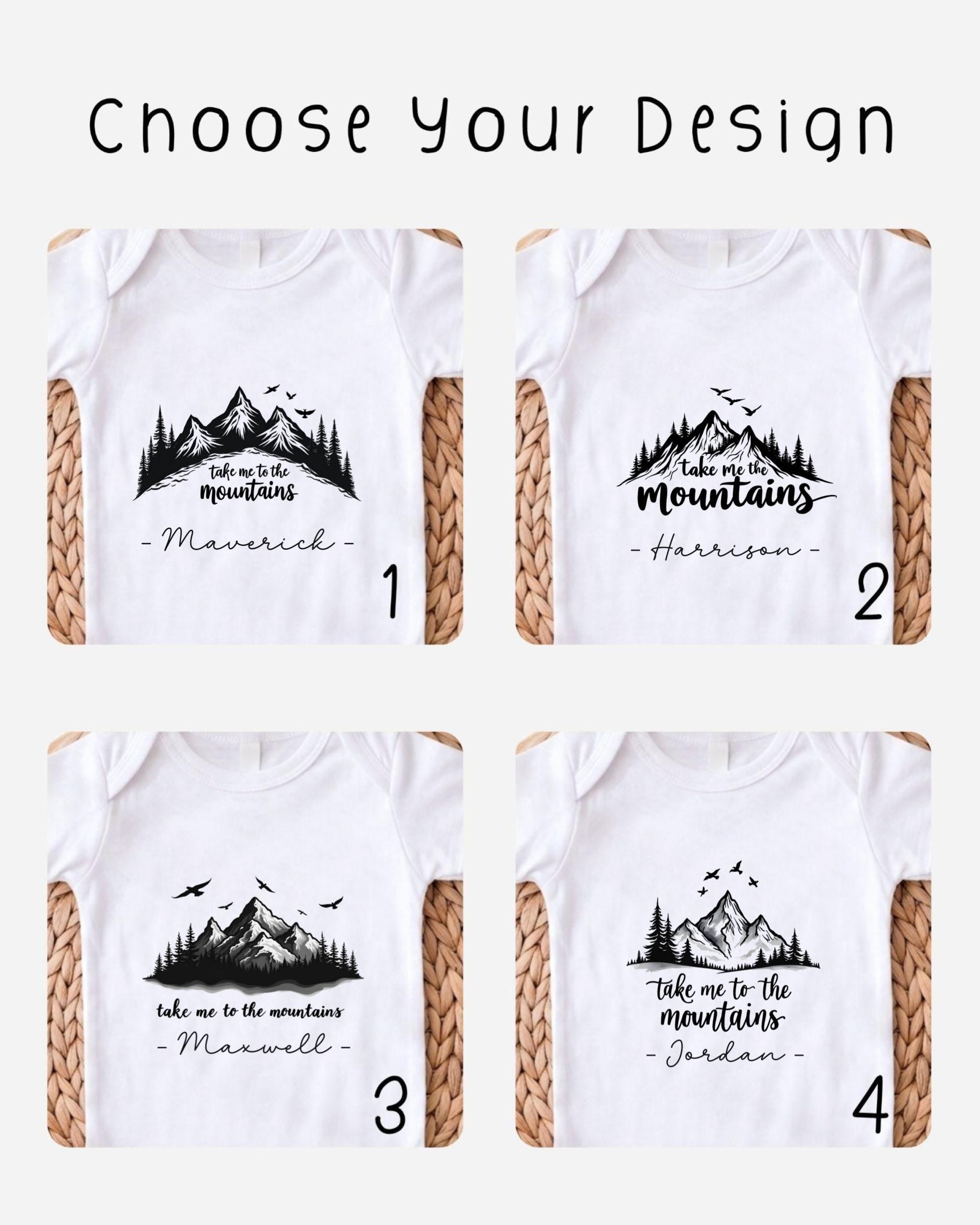 four different t-shirt designs featuring mountain landscapes and the text "Take me to the mountains" along with the names "Maxwell" and "Jordon".