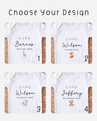 four baby announcement t-shirts with the names "Barnes" and "Wilson" printed on them. Each t-shirt has a different animal design, indicating the gender of the baby. The t-shirts are arranged in a grid format, with the first row having the number 1, the second row having the number 2, the third row having the number 3, and the fourth row having the number 4.