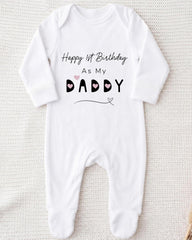 A white onesie with the text "Happy 1st Birthday As My Daddy" printed on it.