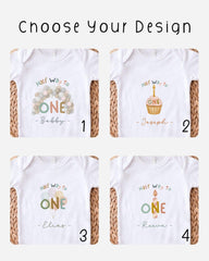 four different designs for baby shirts, each with a unique theme related to a birthday celebration.