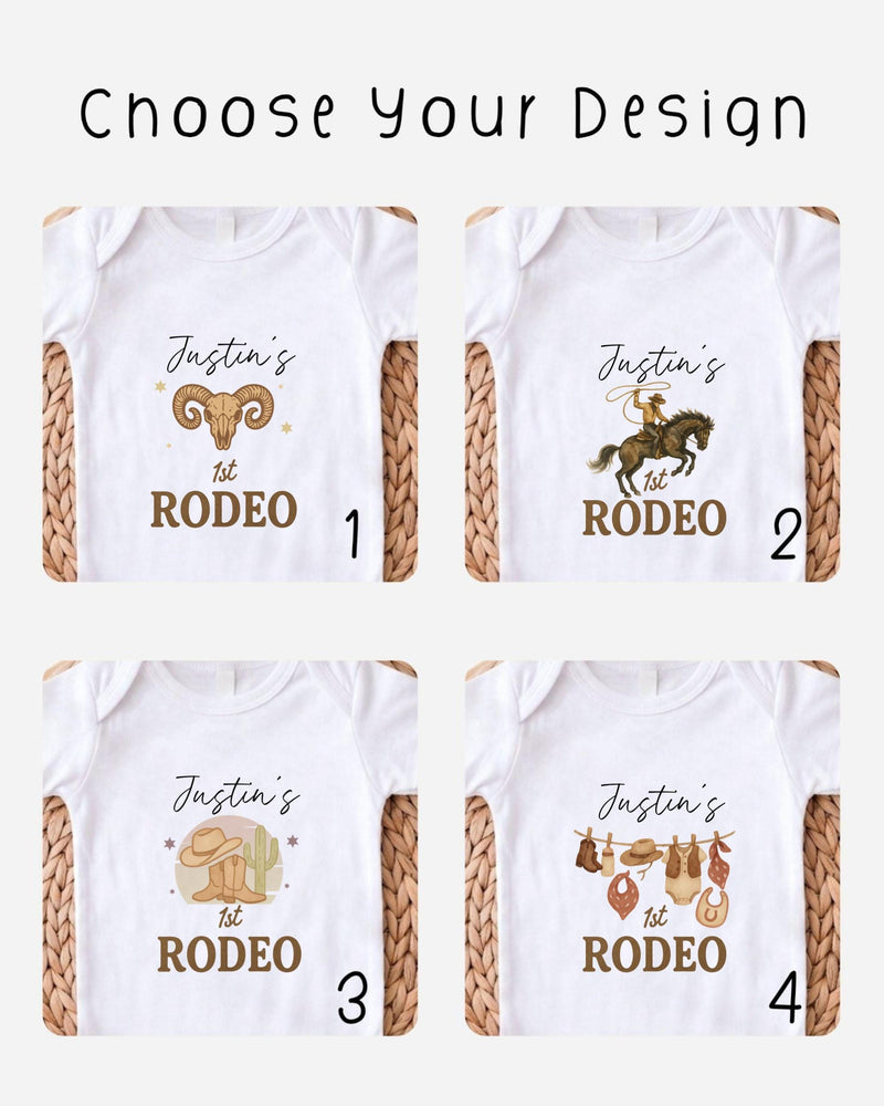 four different designs of baby bodysuits, each featuring a unique cowboy-themed graphic and text.
