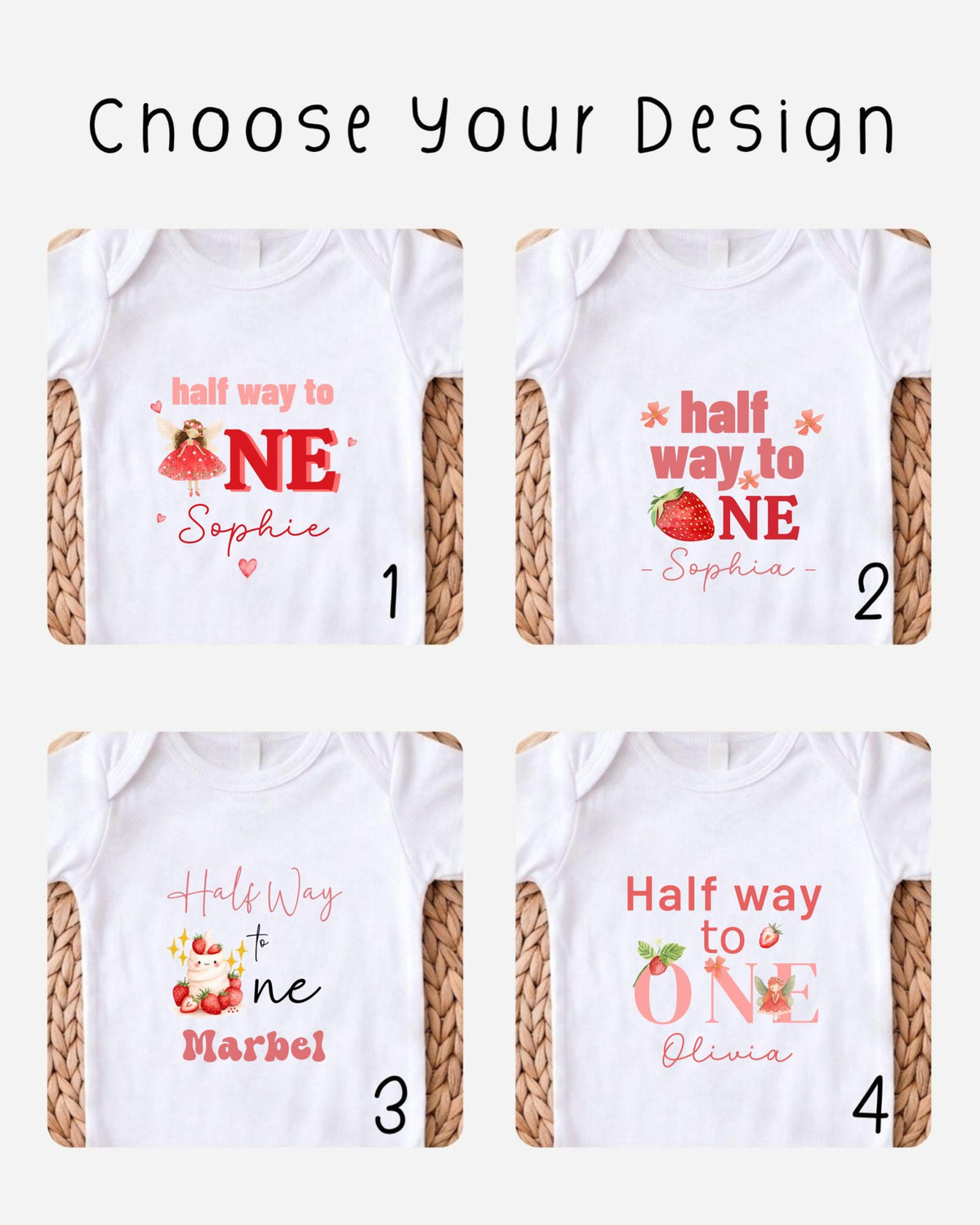 four different white t-shirts with various designs and text related to a "half way to one" theme.