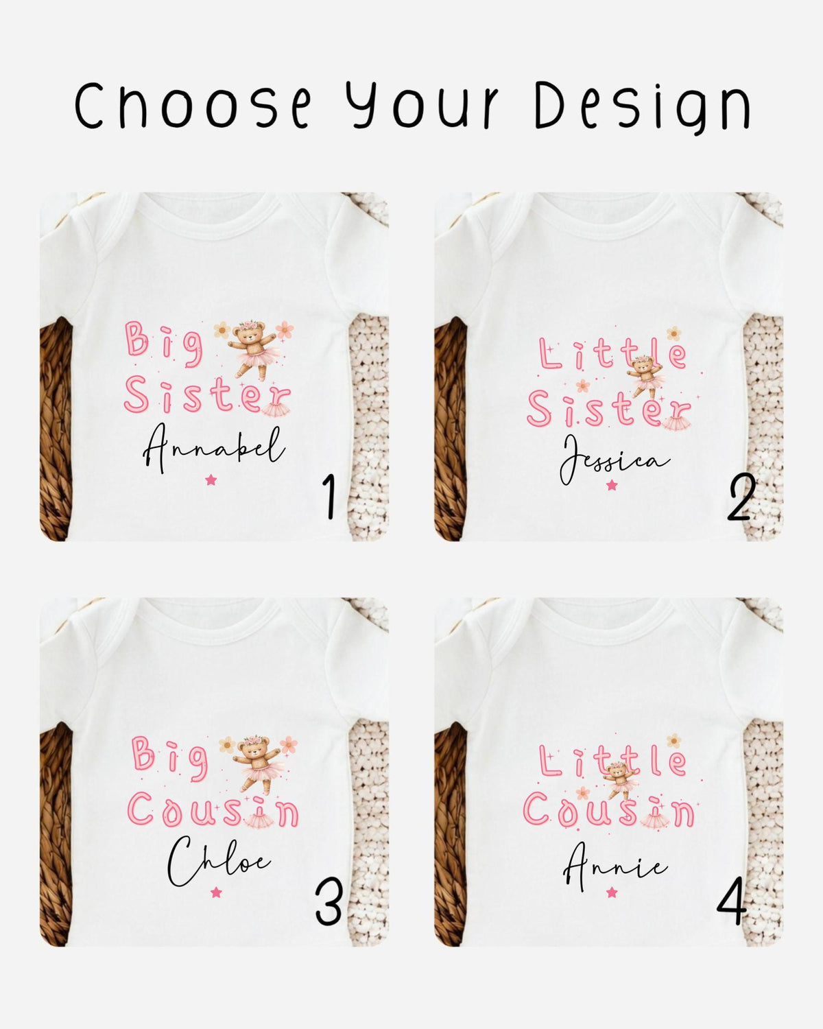 four different white t-shirts with text and images related to siblings, specifically Big Sister and Little Sister.