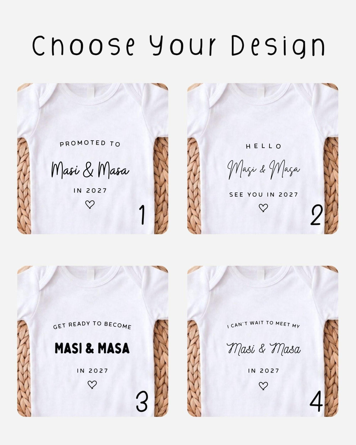 four white t-shirts with black text and numbers, each with a different message or design related to the theme of "Masi & Masa". The messages include "Promoted to Masi & Masa in 2027", "Hello Masi & Masa", "Get ready to become Masi & Masa in 2027", and "I can't wait to meet my Masi & Masa in 2027".