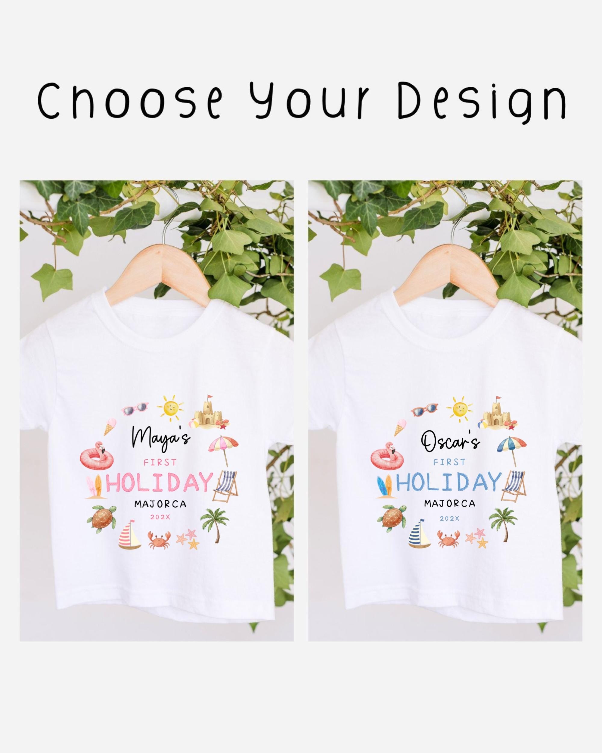 two white t-shirts hanging on a wooden hanger, each with a different design and text. The text on the t-shirts reads "Maya's first holiday MAZORCA" and "Oscar's first holiday MAZORCA".