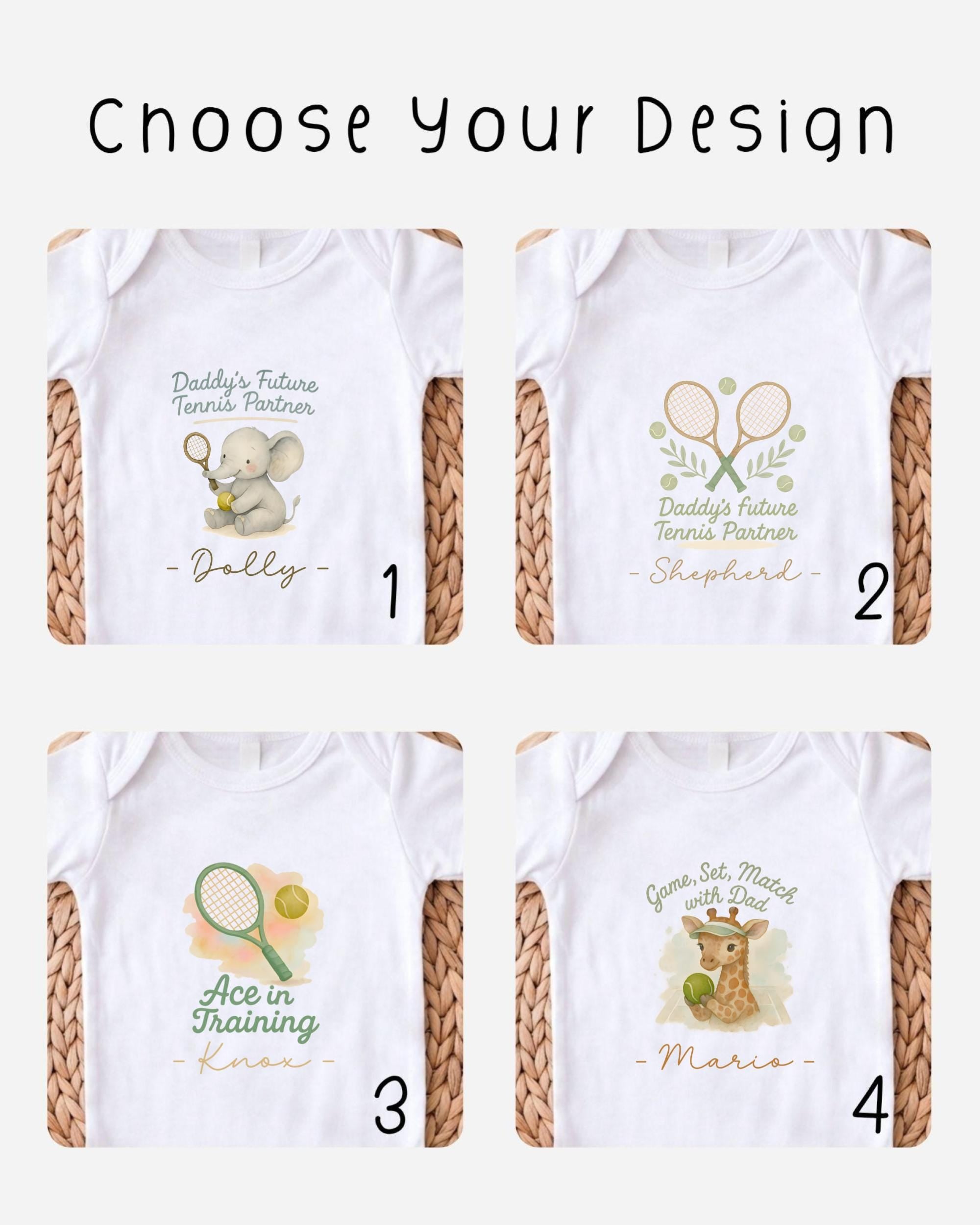 four different baby onesies with tennis-themed designs, each featuring a unique character or animal.