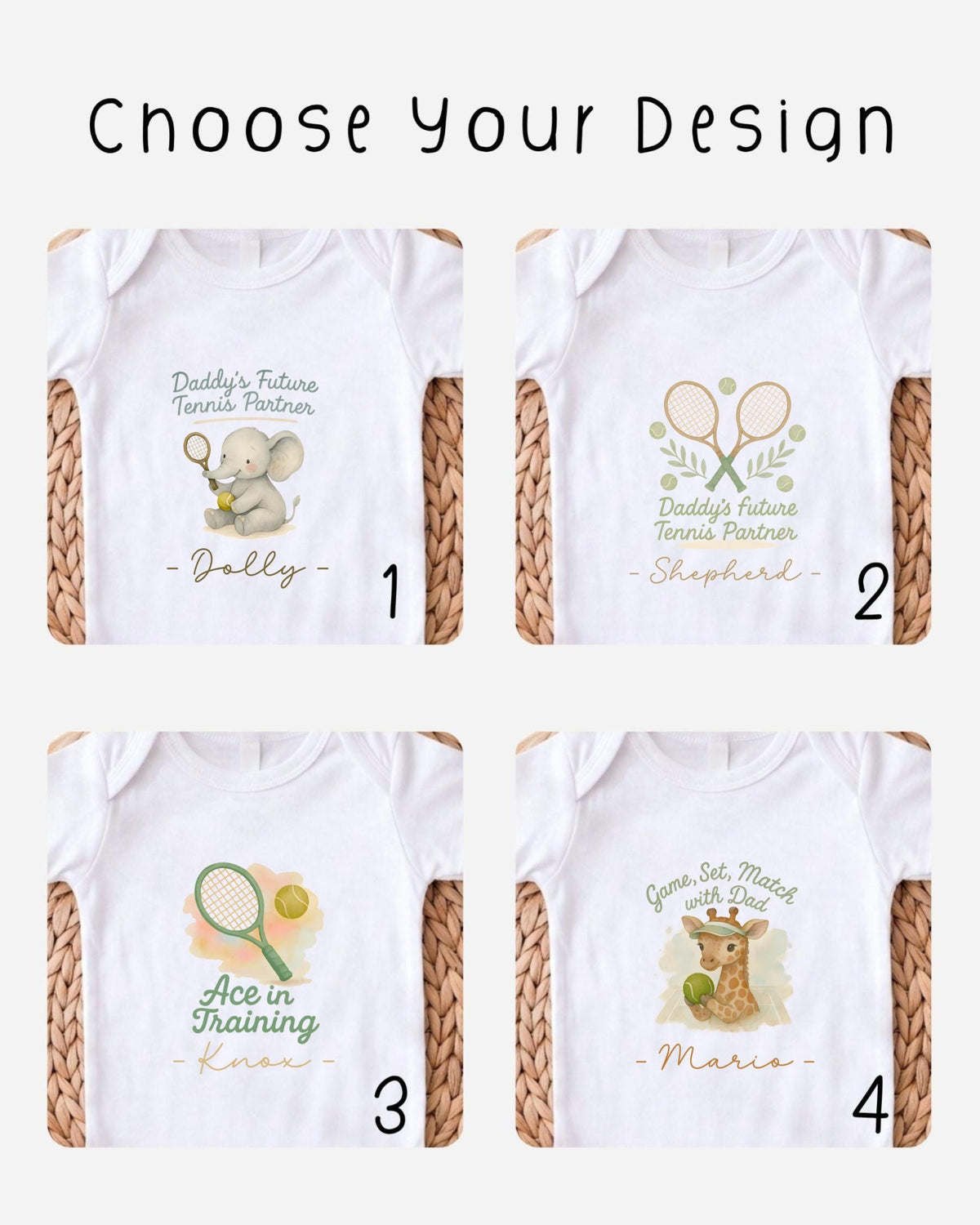 four different baby onesies with tennis-themed designs, each featuring a unique character or animal.