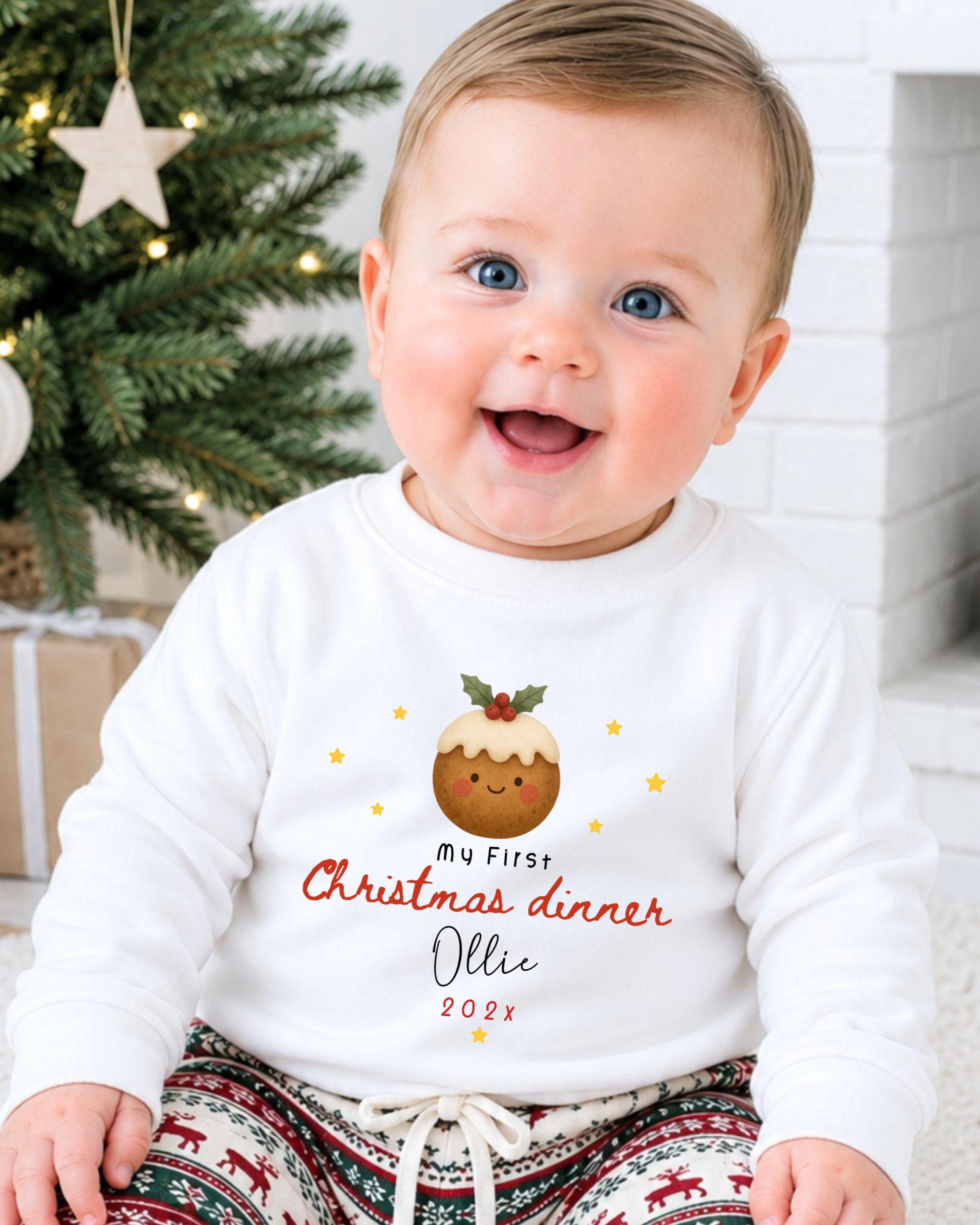 A smiling baby boy wearing a white sweater with a Christmas-themed design and text, sitting in front of a Christmas tree.