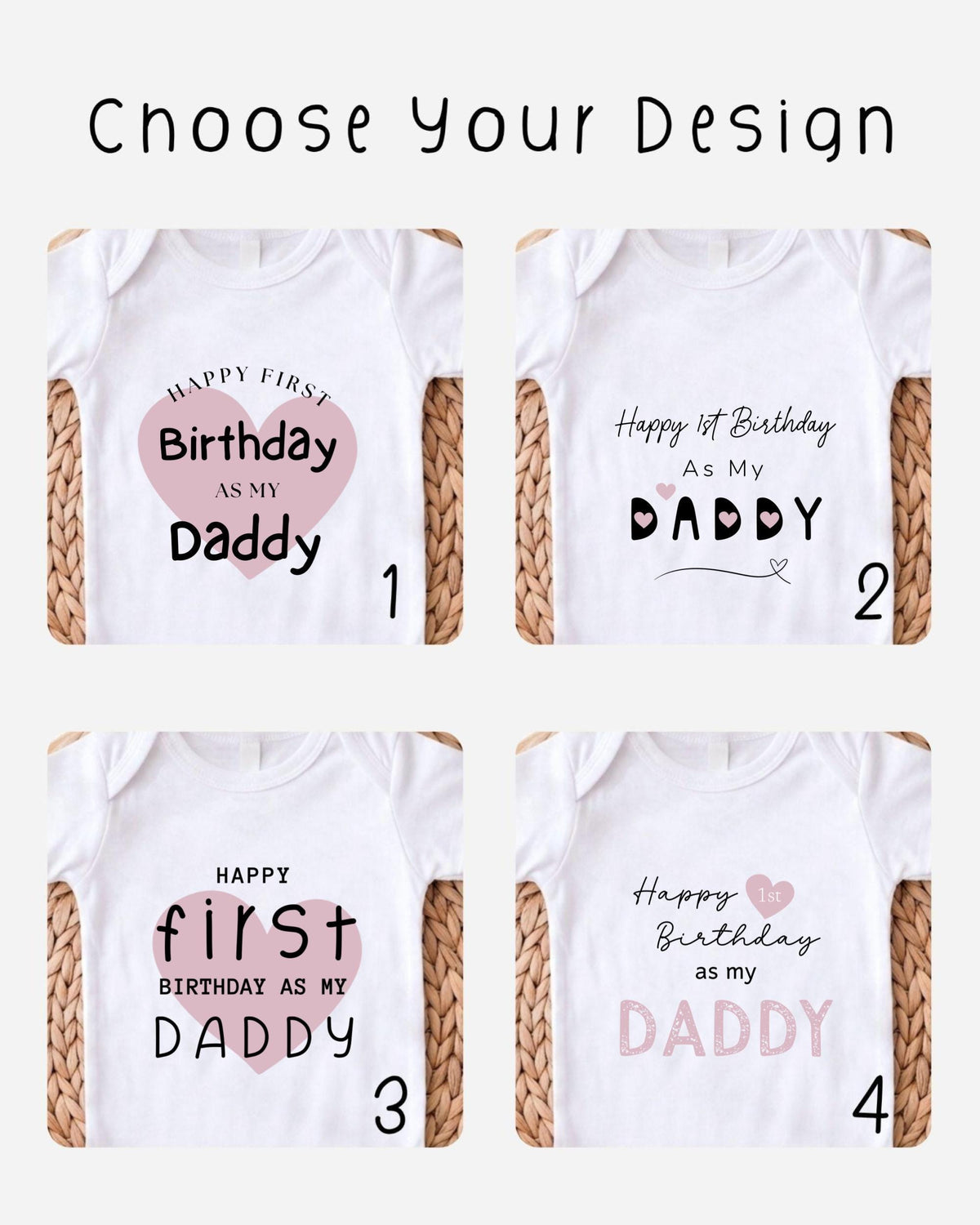 four different t-shirt designs with birthday-themed text, each featuring a unique message related to a first birthday celebration.