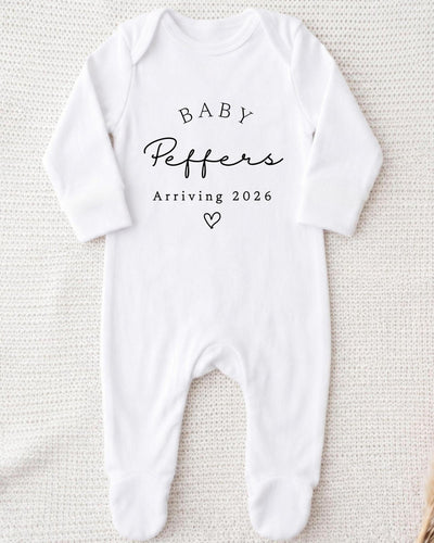 Personalised white Baby Grow with black 'Baby Peppers Arriving 2026' pregnancy announcement text and a heart for pregnancy announcement