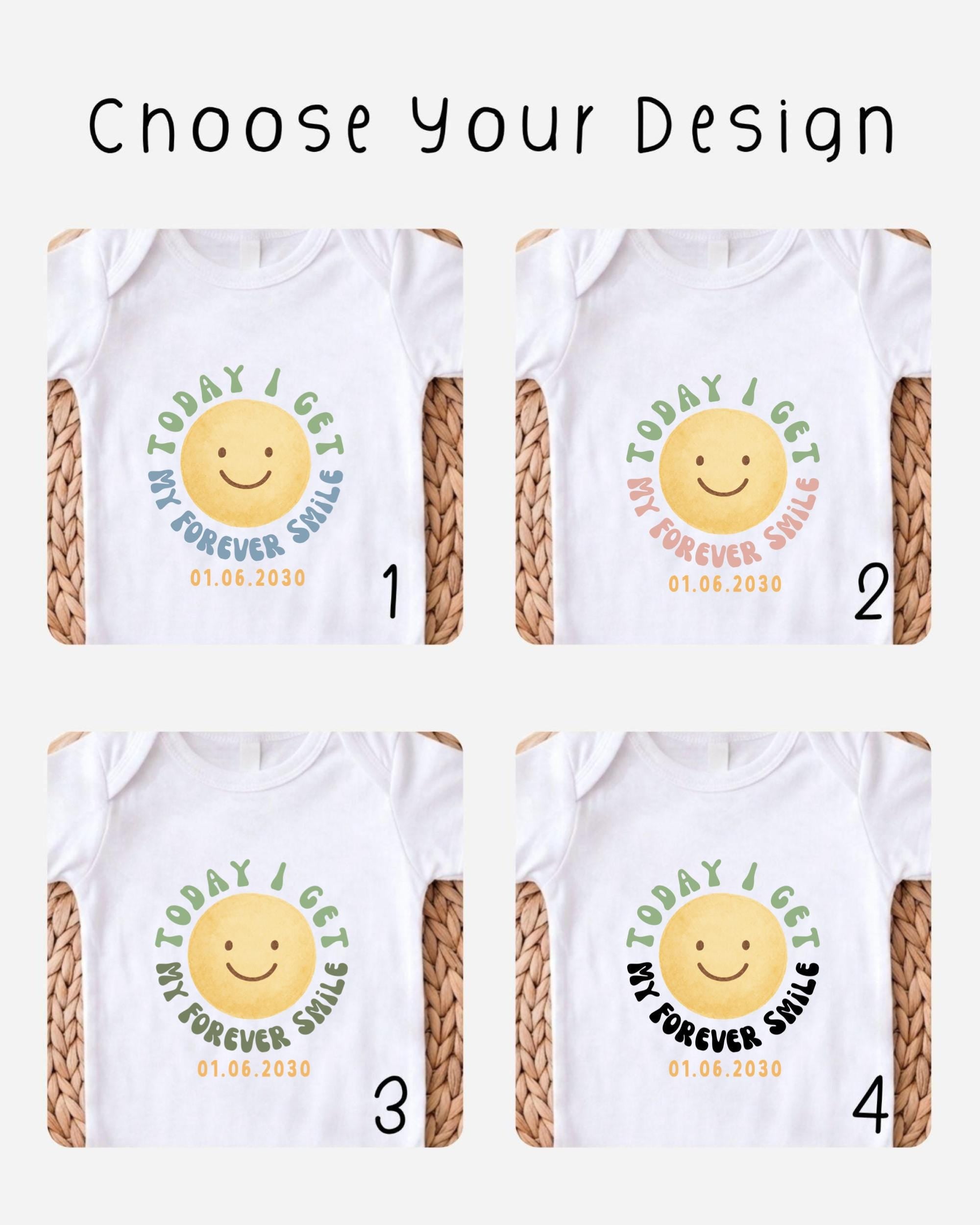 four different designs of white t-shirts with a cheerful smiley face and the text "Today I Get My Forever Smile" printed on them.
