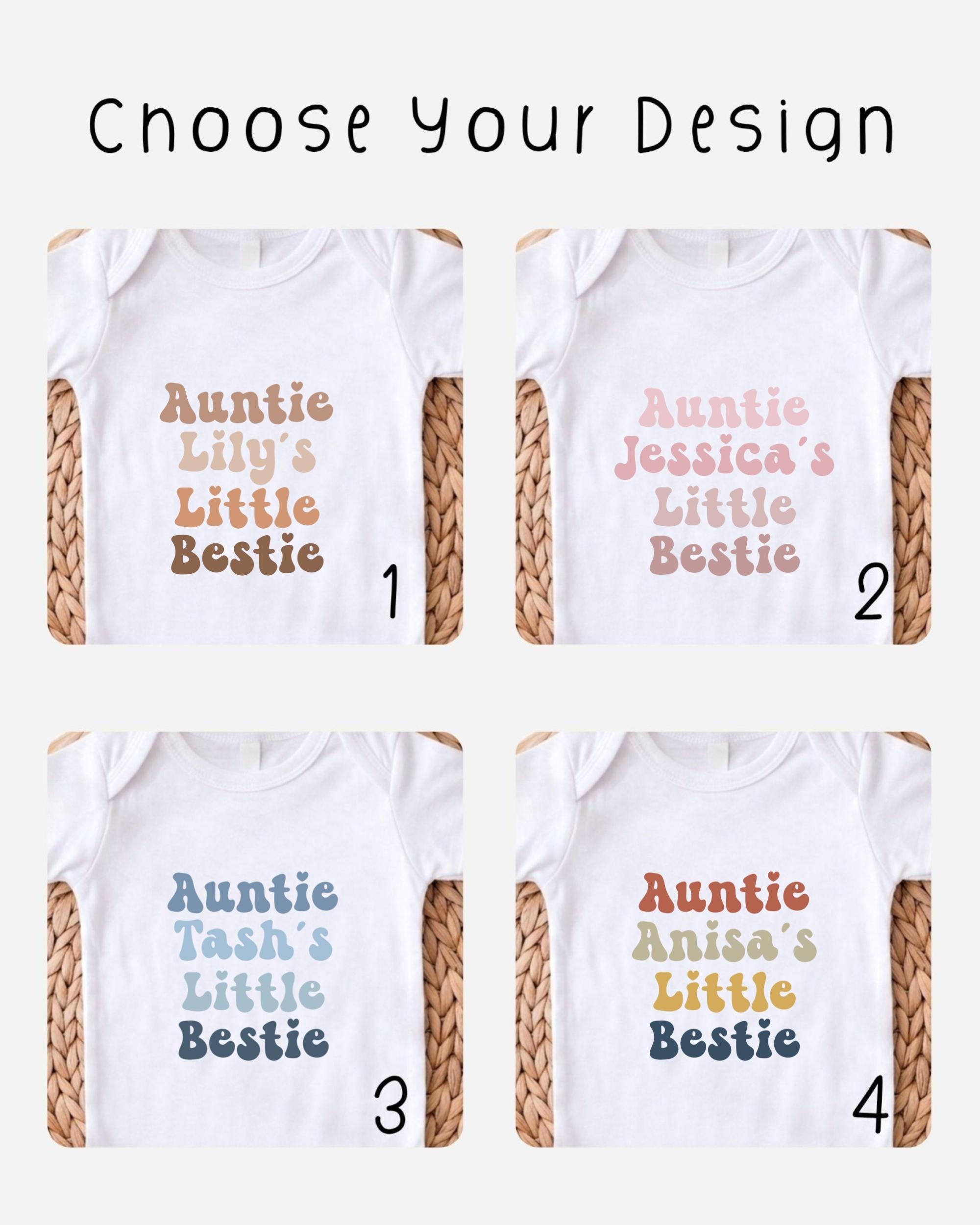 four different t-shirt designs with the names of family members or friends printed on them.