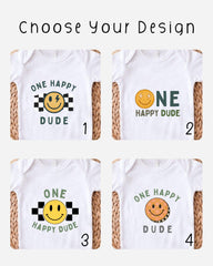 four different t-shirt designs with a cheerful smiley face and the text "ONE HAPPY DUDE" printed on them.