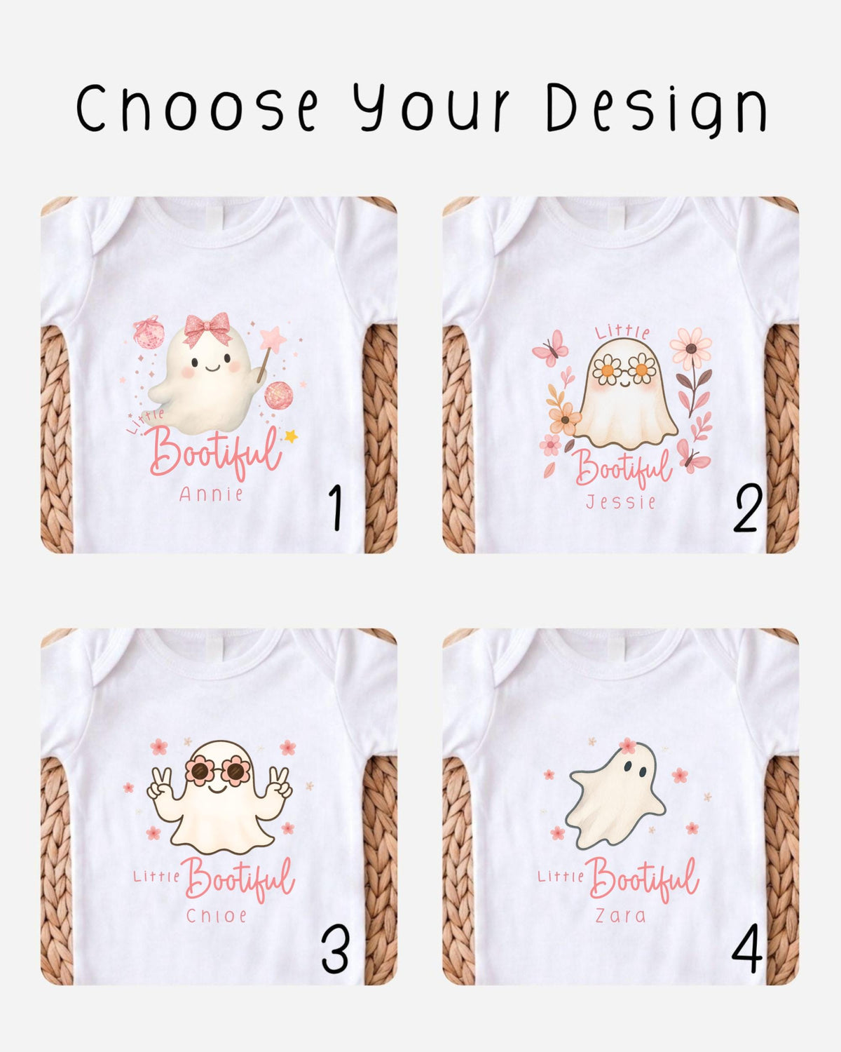 four different t-shirt designs featuring cartoon ghost characters with the names "Little Bootful" and "Zara" printed on them.