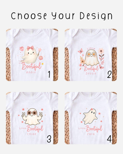 four different t-shirt designs featuring cartoon ghost characters with the names "Little Bootful" and "Zara" printed on them.
