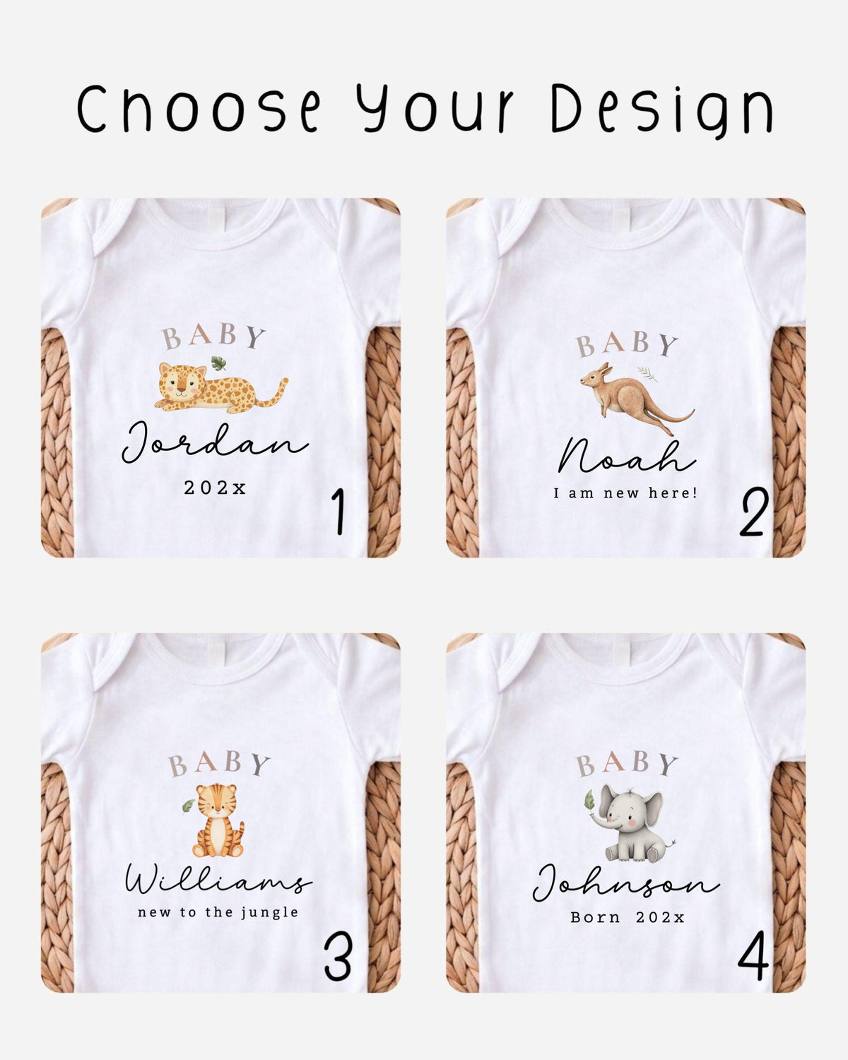 four baby t-shirts with different animal designs and names printed on them.